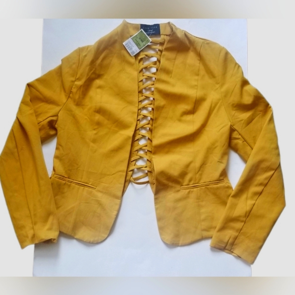 NWT Women's Large Honey Mustard Blazer cute peekaboo corset backing by Love Tree